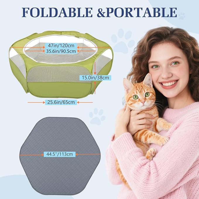 2-in-1 Small Animals Playpen with Pad, Waterproof Small Pet Cage Tent with Reusable Pad, Portable Outdoor Yard Fence with 3 Metal Rod for Chick/Kitten/Puppy/Guinea Pig/Rabbits/Chinchillas, Green+Gray