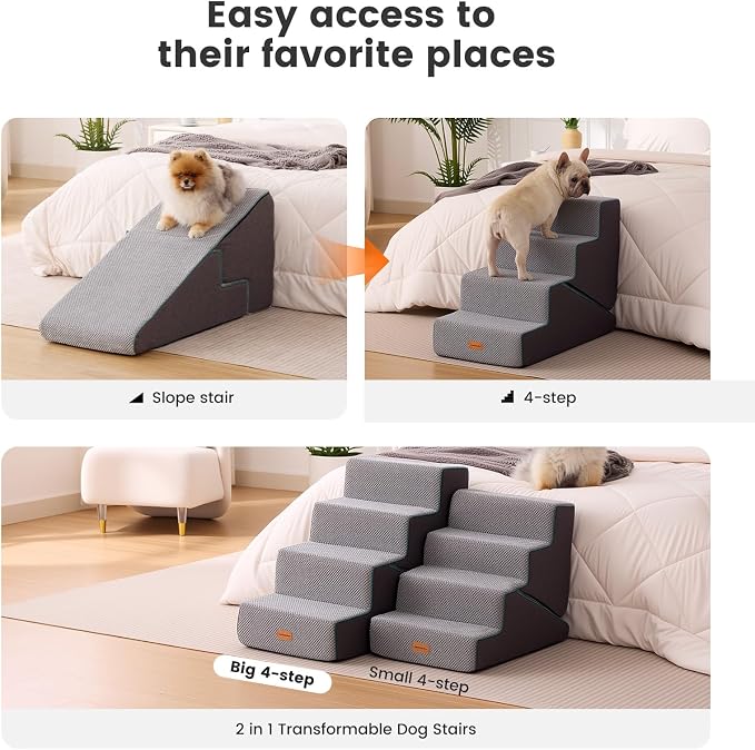 Gardner Pet Dog Stairs for Small Dogs 22" H, Large 2 in 1 Transformable 4-Step Pet Stairs and Dog ramp, Steps for Couch with Durable Non-Slip Waterproof Fabric Cover and Soft Foam, Grey