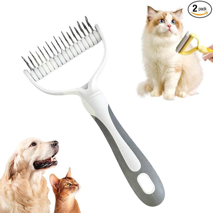 Double-Sided Pet Grooming Brush, 2026 New Dematting Comb for Dogs and Cats, Deshedding Dog Brush Removes Tangles Knots and Loose Fur, Ergonomic Pet Grooming Tool for Thick Coats (2, White)