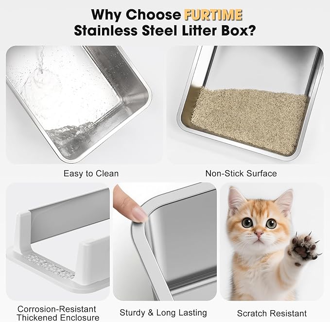 FURTIME Stainless Steel Cat Litter Box, Easy-Clean High-Sided Metal Litter Box, Open-Top Litter Pan for Small Cats, Includes Scoop & Mat, Non-Stick, Anti-Leakage, 17"×13"×8.4"