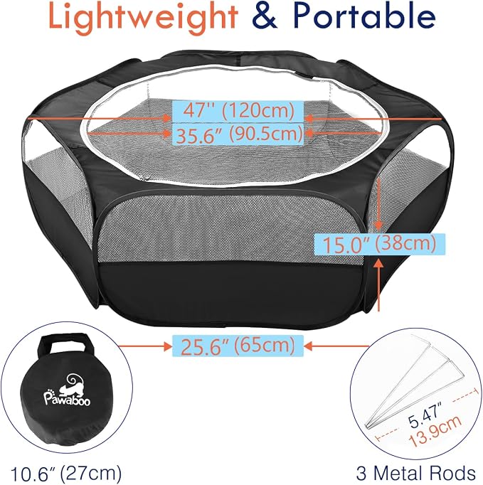 Pawaboo Small Animals Playpen, Waterproof Small Pet Cage Tent with Zippered Cover, Portable Outdoor Yard Fence with 3 Metal Rod for Kitten/Puppy/Guinea Pig/Rabbits/Hamster/Chinchillas, Black