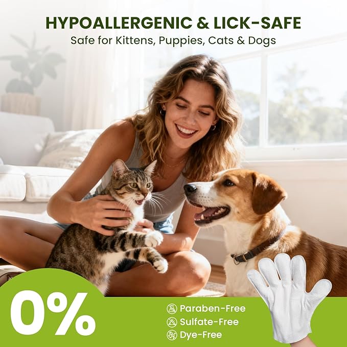 12PCS Hypoallergenic Pet Glove Wipes for Dogs, Cats & Small Animals | No-Rinse Deodorizing Dog Wipes for Paws, Butt, Eyes & Ears | Pet Wipes for Stain & Odor Cleanup Between Baths & Travel