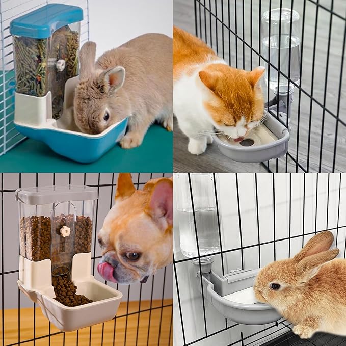 Automatic Pet Food Water Dispenser, Auto Gravity Pet Feeder Water Bottle Set for Crate, Feeding Station for Small Dog Cat Rabbit Guinea Pigs Chinchilla Ferret Hedgehog (Gray)