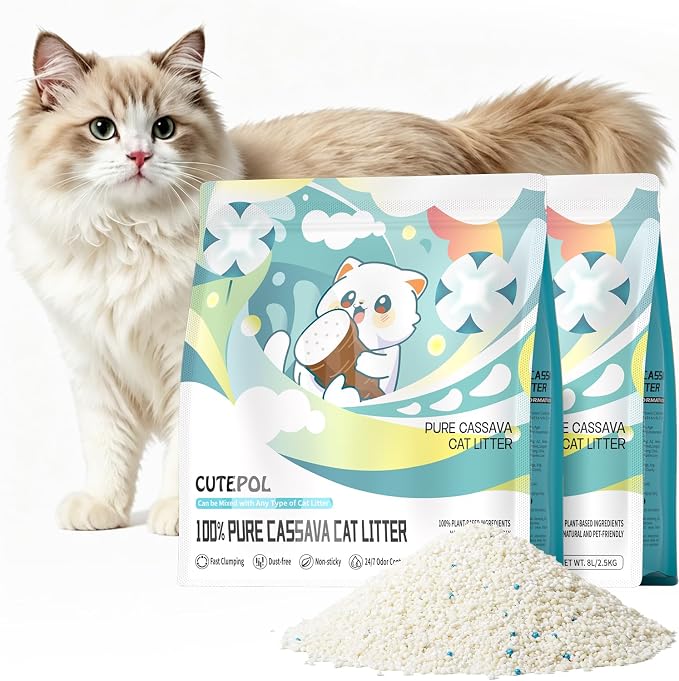 Cassava Clumping Cat Litter, Non Sticking, Rapid Clumping, Water Absorbent, Dust-Free, 11lb (2 Pack of 5.5lb Bags)