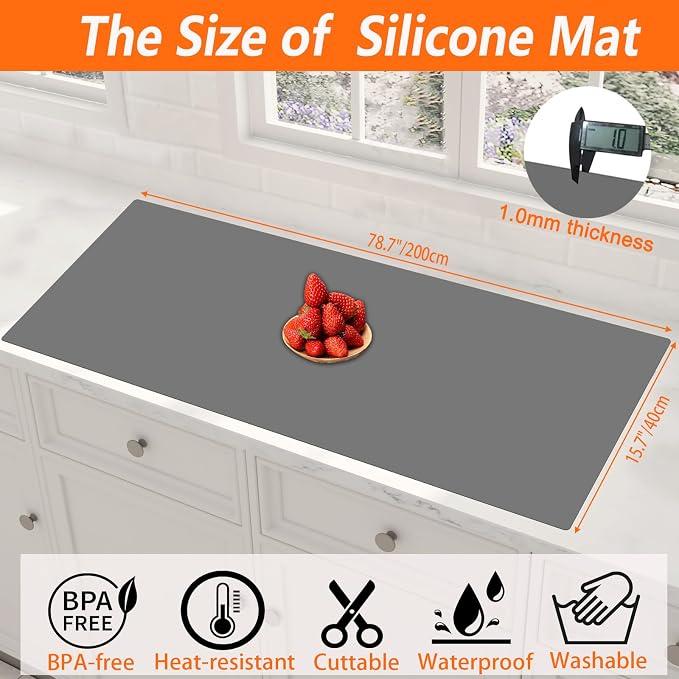 Extra Large Silicone Mats for Kitchen Counter, 78.7''x15.7''(200cmx40cm) Heat Resistant Kitchen Island Protector Mat, Large Countertop Protector, Multipurpose Cuttable Silicone Mat, Black