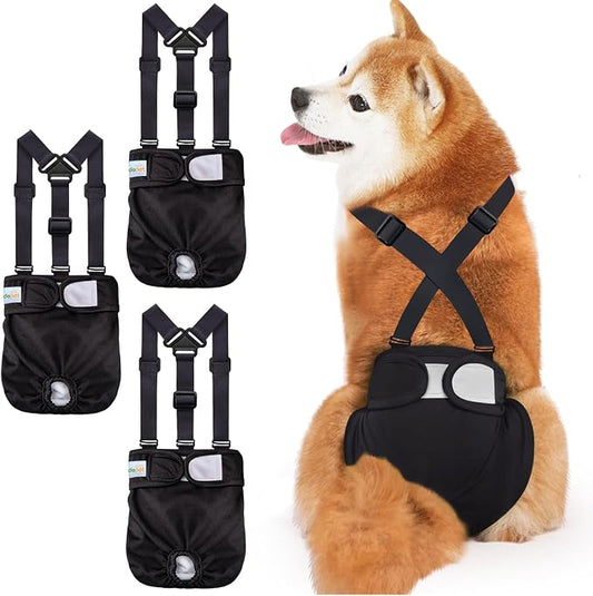 Idepet Female Dog Diapers with Suspender Detachable, 3 Pack Washable Reusable Girl Doggie Diapers for Small Medium Female Dog in Heat Period Cycle Urinary Incontinence Training L