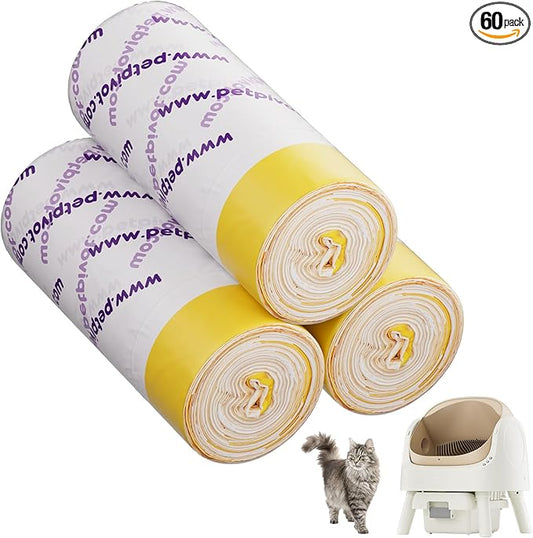 60 Count Automatic Cat Litter Box Liners - Compatible with Petpivot Autoscooper 11, Drawstring Design, Heavy Duty & Leak-Proof, Replacement Waste Bags（27.56"×16.14"）