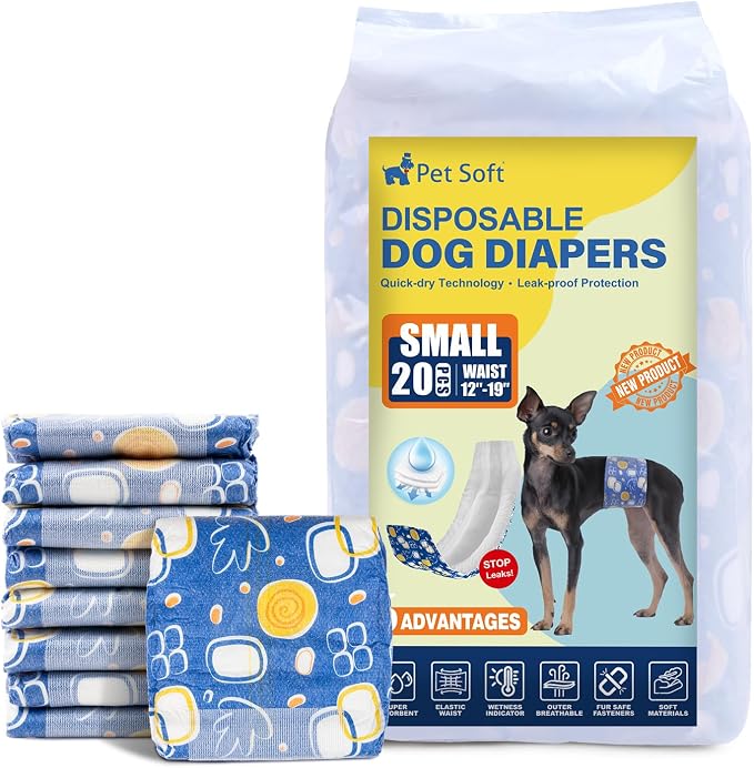 Pet Soft Male Dog Diapers - Disposable Male Dog Wraps with Wetness Indicator, Puppy Diapers for Pets Excitable Urination or Incontinence, 20pcs Small