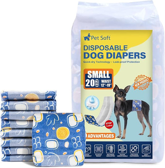 Pet Soft Male Dog Diapers - Disposable Male Dog Wraps with Wetness Indicator, Puppy Diapers for Pets Excitable Urination or Incontinence, 20pcs Small