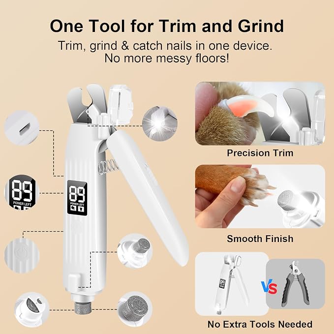 Dog Nail Clippers with Light, 2-in-1 Dog and Cat Nail Clipper with Grinder, Quiet Pet Nail Trimmer for Small Medium Large Dogs and Cats, USB Rechargeable
