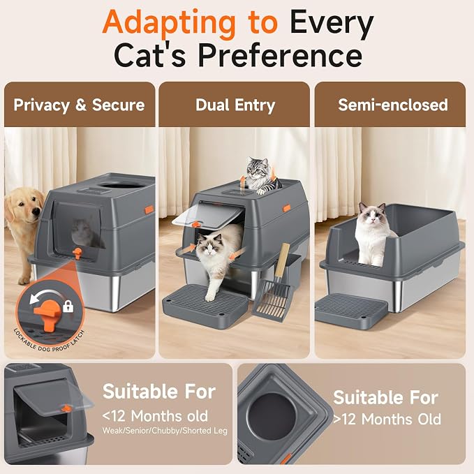 Extra Large Stainless Steel Litter Box with Lid, High Sided Enclosed Metal Cat Litter Pan, Dog Proof Front Entry Top Exit, Odor Control Easy Clean Leak Proof, Includes Scoop & Step, Grey
