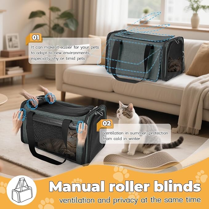 YUDODO 25lbs Cat Carrier Lightproof Soft Sided Pet Carrier for Large Cat & Small Dog Airline Approved Travel Puppy Carriers with Side Pockets & Reflective Mesh Foldable Portable for Outdoor Grey Green