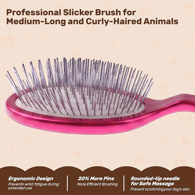 2PCS Slicker Brush for Dogs, Professional Pet Grooming Brush, 27mm Oval Stainless Steel Pin, Sparkle Glitter Handle, Anti-Static Round-Tipped Pins, Gentle Massage & Shedding Comb for Long Haired Dogs