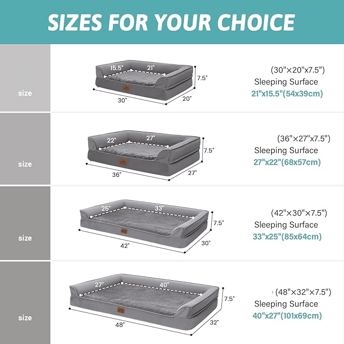 COZY KISS Orthopedic Dog Beds for Large Sized Dog, XL Bolster Pet Couch with Waterproof Lining, Egg Crate Foam Sofa for Pets Up to 100 lbs, U-Shaped, 48x32x7.5 inch, Grey