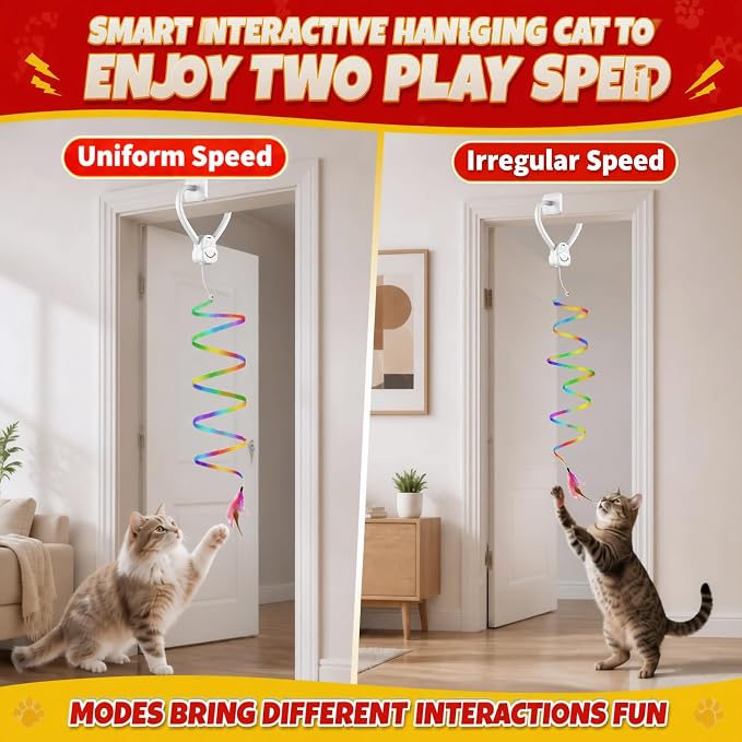 Interactive Cat Toy for Indoor Cats Automatic Hanging Door Frame Toy | Cat Toy with Feather Mouse String 360° Rotating USB Rechargeable Self Play Kitten Toy for Hunting Instinct Cat Boredom Relief