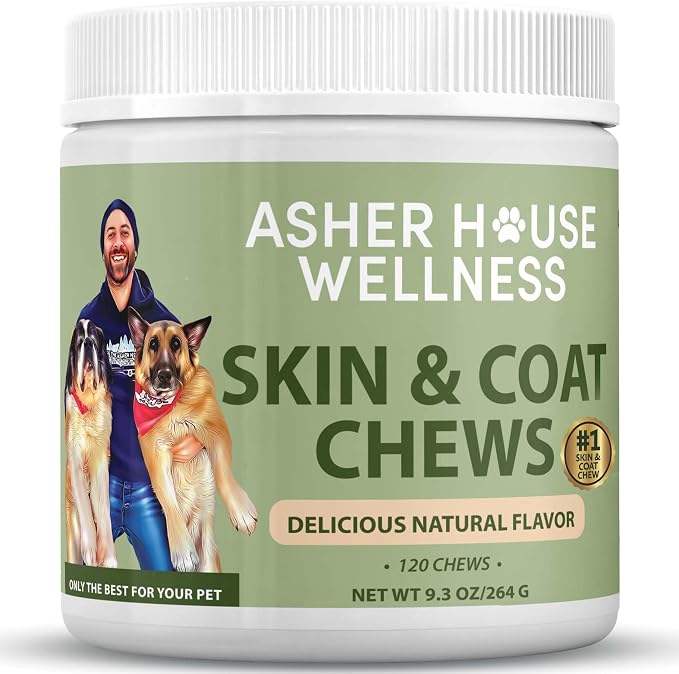 Asher House Wellness Skin & Coat Chews - Now Lillie & Lee - Dog Itching Skin Relief with Omega 3, 6, 9, Fish Oil, Biotin - Dogs Itchy Paw Licking Chewable Treats - 120 Soft Chews