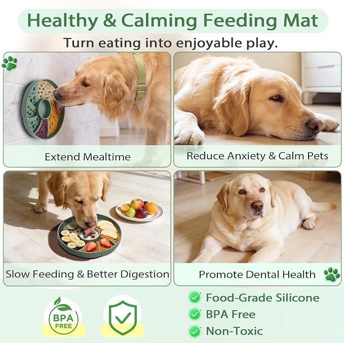 Silicone Dog & Cat Slow Feeder Bowl Lick Mat with Strong Suction Cups, Anti-Spill Design, Multi-Textured, Extend Mealtime, Reduce Anxiety, Dishwasher Safe, All Breeds & Ages (Green)