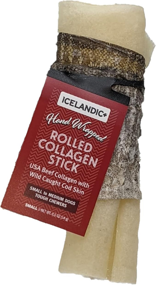 Icelandic+ Rolled Collagen Stick: Beef & Cod Skin - 4" Dog Crew Treat, Hand-Wrapped Fish, 2 Ingredient Pet Snacks, Dental Health, Rawhide Alternative