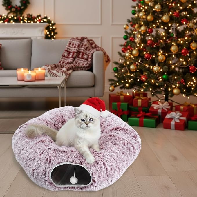 AUOON Cat Tunnel Bed for Indoor Cats - Large Cat Donut Tunnel with Hanging Ball Toy, Collapsible 2-in-1 Multifunctional Interactive Cat Toy for Kitten, Puppy, Rabbit, Ferret (Rosiness)