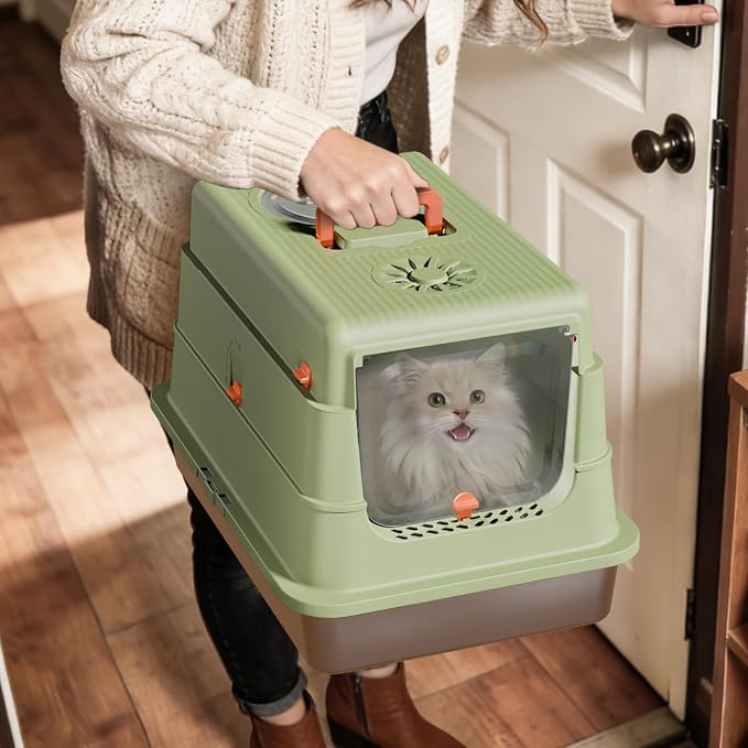 Stainless Steel Cat Litter Box with Lid, Enclosed Extra Large Metal Litter Pan for Big Cats, Full Flip Cover High Sided LitterBox Include Scoop, Easy Cleaning, Non-Stick, Green