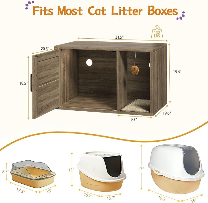 Cat Litter Box Enclosure, Hidden Litter Box Furniture with Door & Bell, Pet House Fit Most of Litter Box, Oak Gray