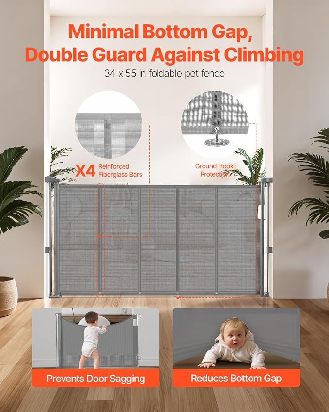 VEVOR Retractable Baby Gate, 34 inch Tall, Extends up to 55 inch Wide, Retractable Gate for Kids or Pets, Mesh Material, Easy to Install for Indoor Stairs, Doorways, Hallways, Playrooms, Gray