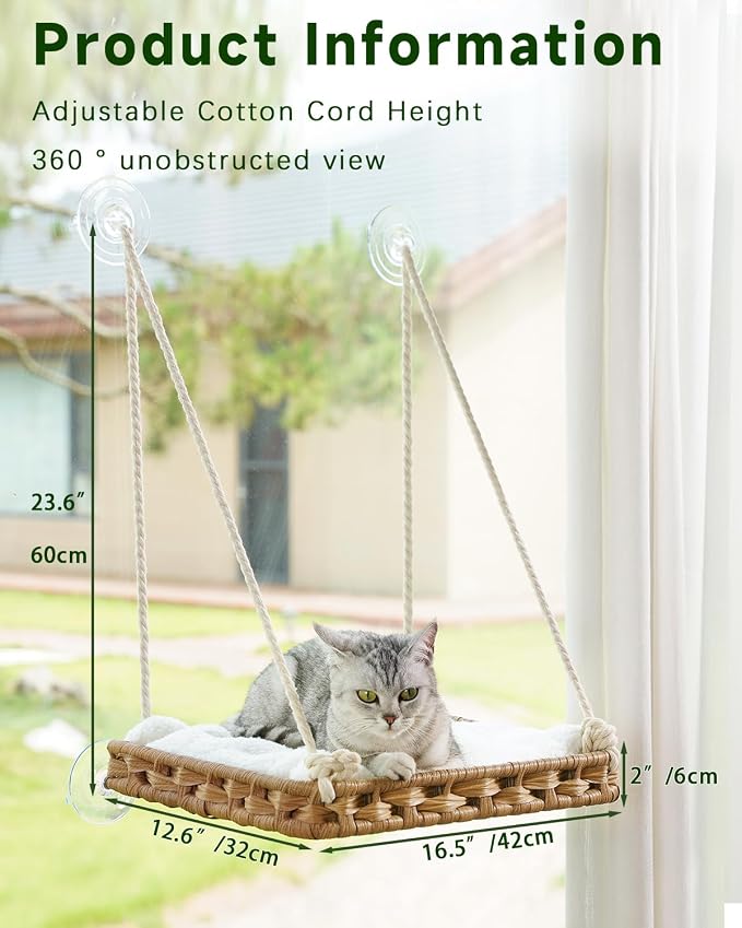 SETVSON Cat Window Perch 2 Pack,Cat Window Hammock Bed for Indoor Cats,Large Handwoven PE Rattan Window Seat,4 Suction Cups,Double Sided Washable Cushion Bed,2.3 Inch Fence Shelf, Pet Kittens Natural