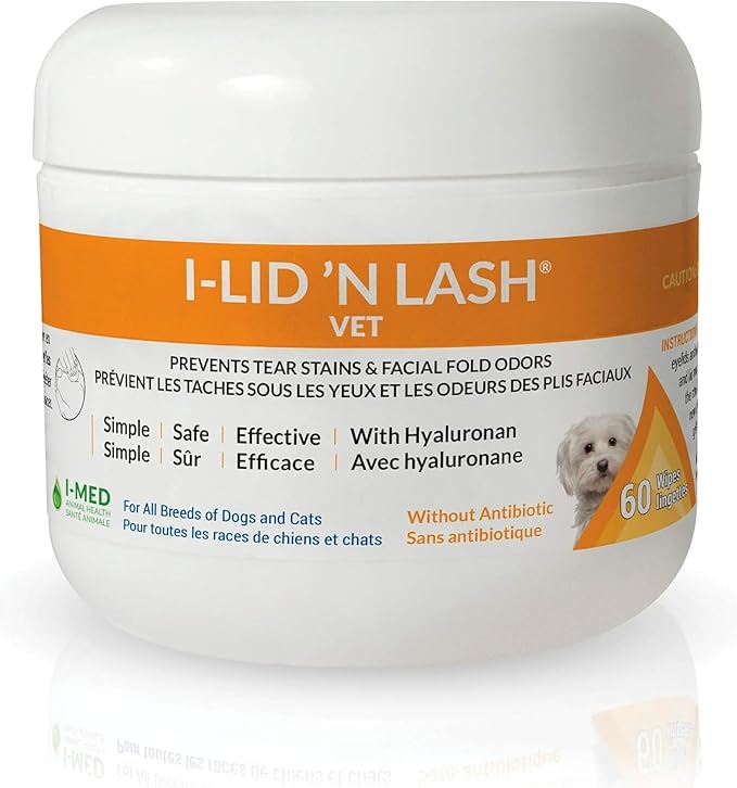 I-LID ’N LASH Vet Dog Eye Wipes - Tear Stain Preventer for Dogs (60 Wipes) | Prevents Puppy Tear Stains with Hyaluronan | Cat Eye Wipes for Discharge - No Antibiotics or Harmful Chemicals