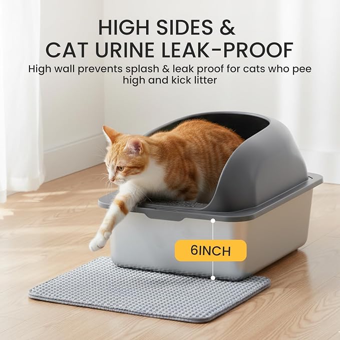 Simple Deluxe XL Stainless Steel Cat Litter Box with Lid, High Sided Metal Litter Pan for Large Cats, Urine-Proof Non-Stick & Easy to Clean, Dark Gray