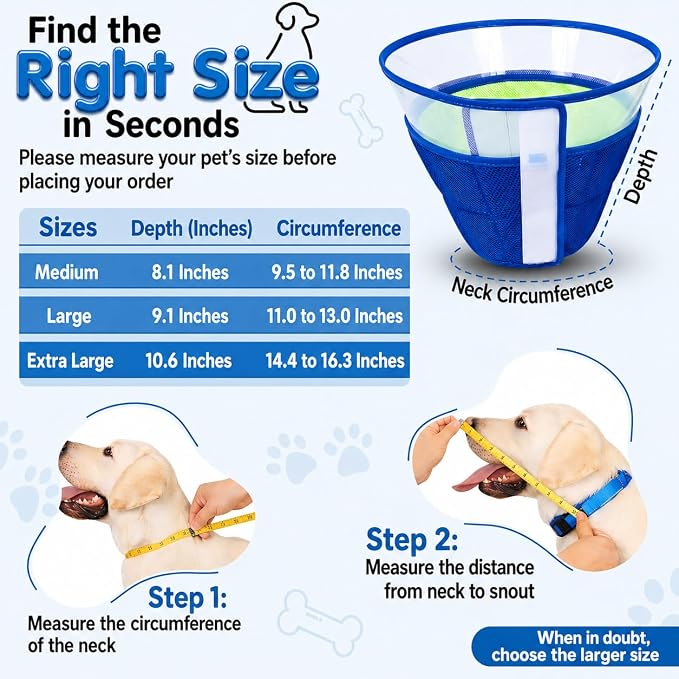 Soft Dog Cone Collar After Surgery – Adjustable Recovery Cone for Medium & Large Dogs – Double-Layer Protective Elizabethan Collar for Wound Protection & Licking Prevention – Comfortable - Blue