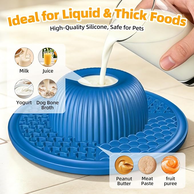 2-in-1 Dog Slow Feeder Bowl & Lick Mat with 2 Rotatable Balls, No-Slip Silicone Anxiety Relief Treat Mat for Dogs & Cats, Dishwasher Safe (Blue)