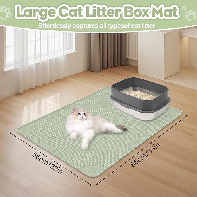 Kalolary Cat Litter Box Mats, Large 34" x 22" Silicone Cat Mat, Easy to Clean Kitty Litter Trapping Mat, Soft on Kitty Paws, Waterproof, Urine-Proof Kittys Litter Mats for Floor, Green