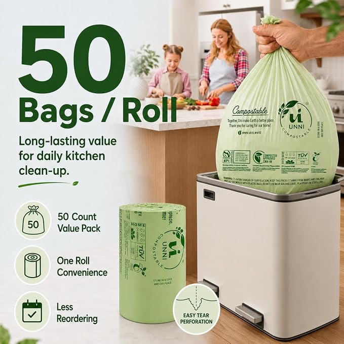 UNNI Compostable Trash Bags, 13 Gallon / 49.2 Liter, 100 Count, Extra Thick 0.9 Mil Tall Kitchen Food Scrap Bin Liners, Certified by BPI, CMA & OK compost HOME, Meets the ASTM D6400 Standard