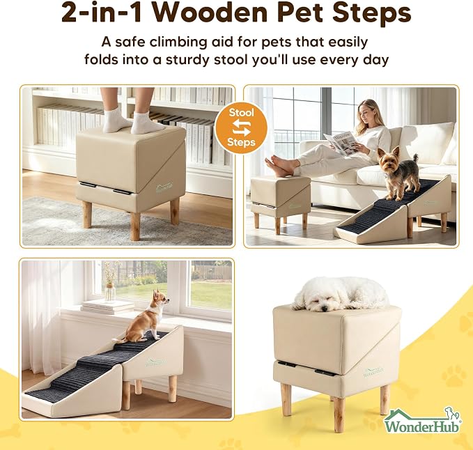 2-in-1 Foldable Dog Stairs & Ramp,Non-Slip, 17.13" H,(Light Beige) | For small, puppy, senior, and injured dogs – easy access to couch or bed