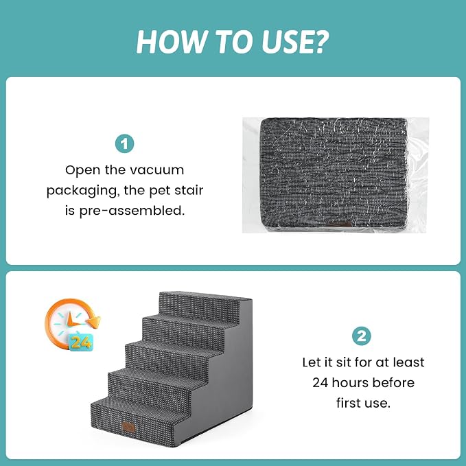 COZY KISS Dog Stairs for Small Dogs 5-Step, 19.7" Extra Wide Right-Angle Pet Stairs for Couch and Beds, Anti-Slip Dog Steps for Old Cats and Lowrider, 19.7x29.5x23.6 inch, Dark Grey