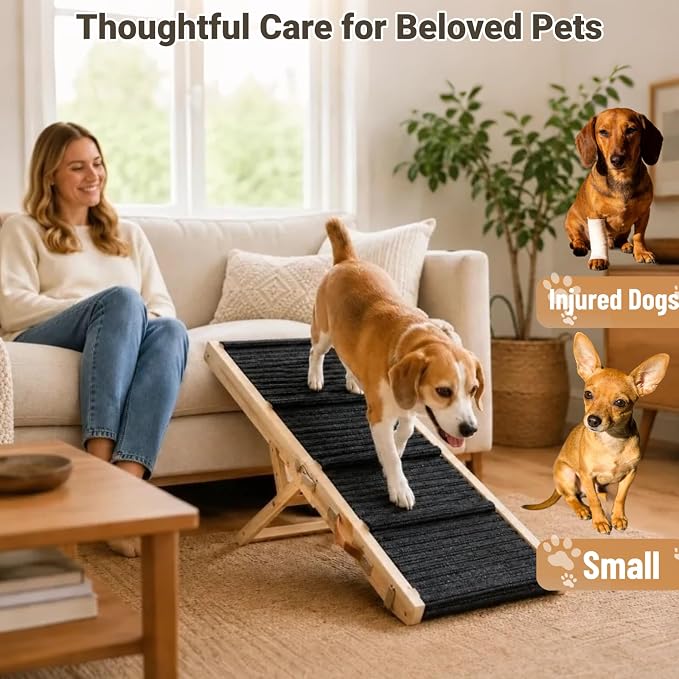 Dog Ramp for Couch & Bed for Dogs, Foldable Small to Large Dog Ramps for Sofa - 39.4" LX15.7 W, 5 Adjustable Height, Portable, Wider and More Stable, Non-Slip, Carry Handle, Wood