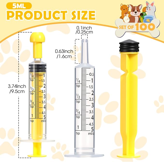 TrelaCo 100 Pack 5ml Syringes with Caps, Colored Plastic Measuring Syringe for Liquid, Pet Feeding, DIY, Party, Craft, Individually Sealed and Wrapped(Yellow)