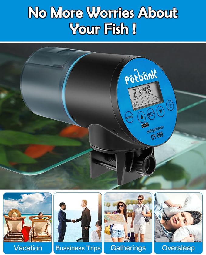 Automatic Fish Feeder for Aquarium - Rechargeable Fish Food Auto Dispenser Vacation Turtle Feeder with USB Charger Cable，LCD Screen, Customized Schedule (Blue)