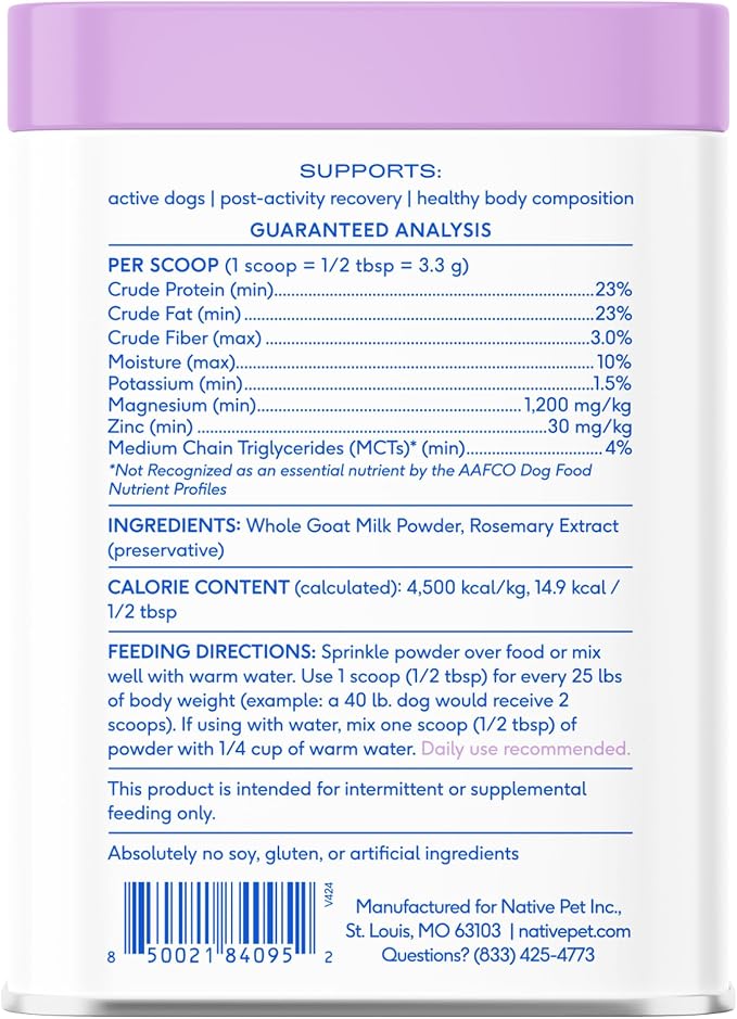 Native Pet Goat Milk Powder - Dog Food Topper for Active Dogs - Post-Activity Recovery, Energy, Immune Support, Hydration & Bone Health - Whole Goat Milk with MCTs & Essential Minerals - 120 Scoops