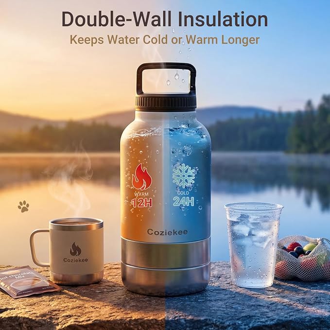 3-in-1 Dog Water Bottle Portable, 32oz Insulated Stainless Steel Pet Water Dispenser with 2 Detachable Travel Dog Bowls for Water & Food, Leak-Proof Puppy Water Bottle for Hiking, Walking (Blue)