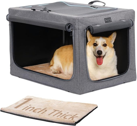 PETSFIT Portable Dog Crate for Medium Dogs, – 30" Soft Dog Travel Crates with Lockable Zippers & Thicken Mat, Adjustable Patented Spiral Steel Frame, Collapsible Kennel for Indoor & Outdoor