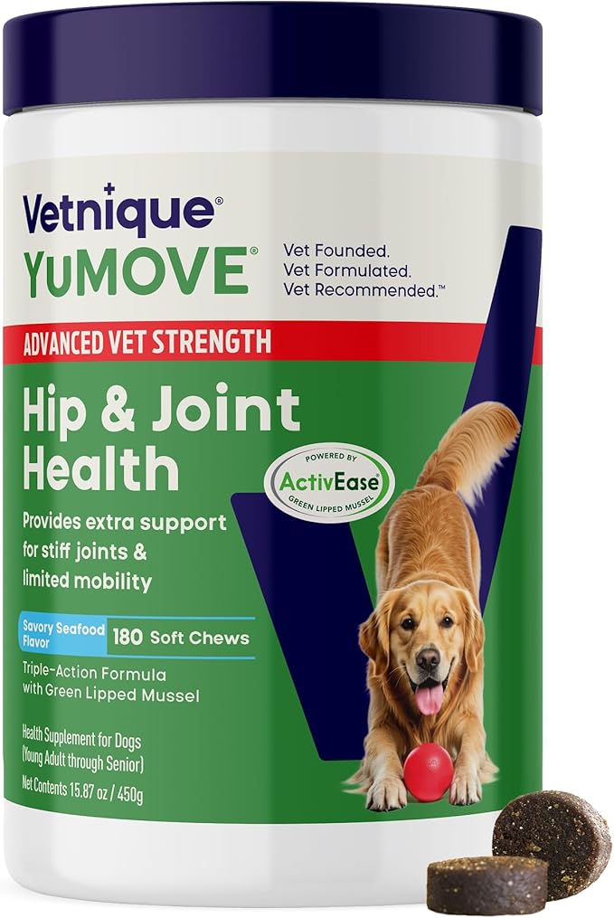 YuMOVE Advanced Vet Strength Hip & Joint Supplement for Dogs - ActivEase Green Lipped Mussel, Glucosamine, Hyaluronic Acid & Omega 3 for Serious Mobility Support (180ct Chews, Advanced Strength)