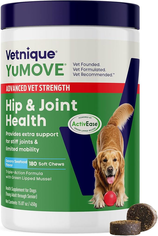 YuMOVE Advanced Vet Strength Hip & Joint Supplement for Dogs - ActivEase Green Lipped Mussel, Glucosamine, Hyaluronic Acid & Omega 3 for Serious Mobility Support (180ct Chews, Advanced Strength)