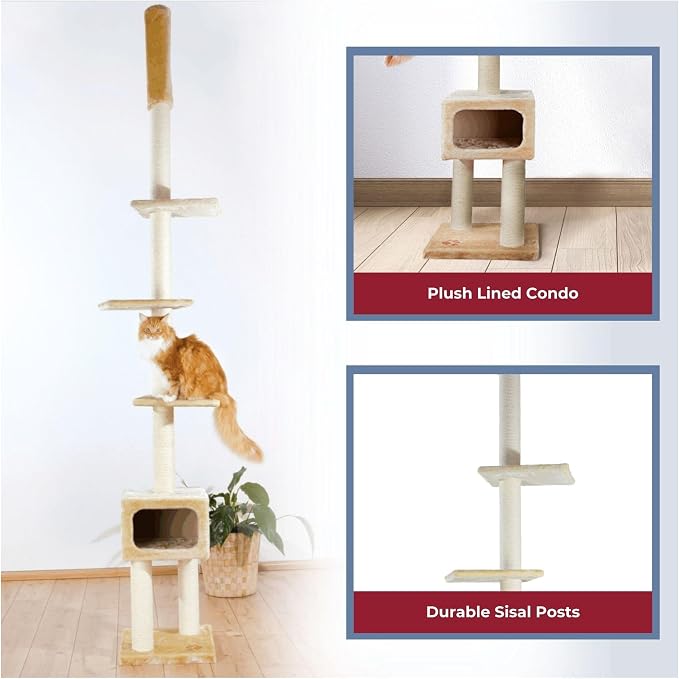 TRIXIE Santander Floor to Ceiling Cat Tower, Adjustable 96"-108" Height Sisal Cat Scratcher, Cat Condo, Platforms