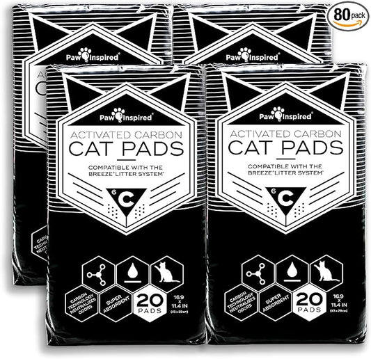 Paw Inspired Cat Pads, Generic Refills for Tidy Cats Breeze Litter Box System, Disposable Kitty Litter Liners for Easy Cleaning, Super Absorbent Pee Pads, 16.9 x 11.4 Inch (Carbon, 80 Count)