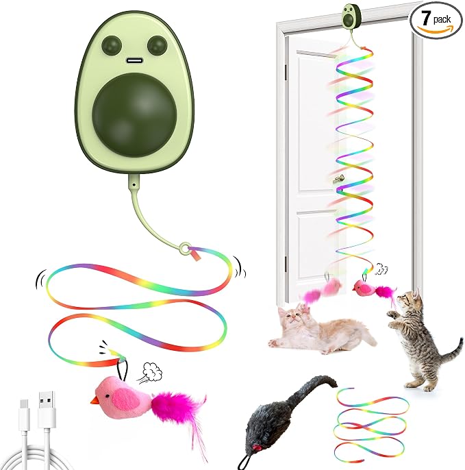 Interactive Cat Toys for Indoor Cats,Electric Flying Bird & Mouse Wand Teaser, Automatic Hanging Door Frame Chase/Hunt/Exercise Stimulate Feather Cat Toy for Bored Indoor Adult & Kitten