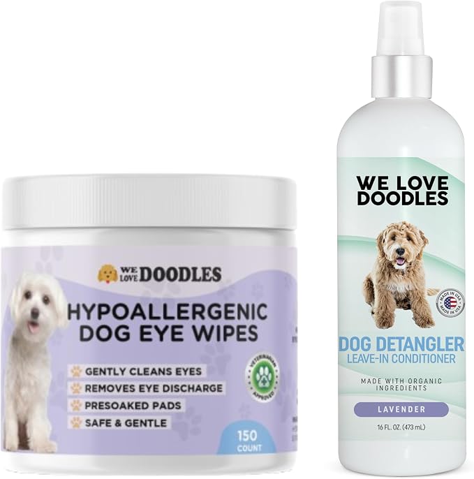 We Love Doodles Dog Eye Wipes & Dog Detangler Spray Bundle - Pre-Soaked Eye Wipes for Dogs, Tear Stain Remover for Dogs, Pet Eye Wipes, Dog Detangling Spray, Dematting Spray for Dogs, Tangle Remover
