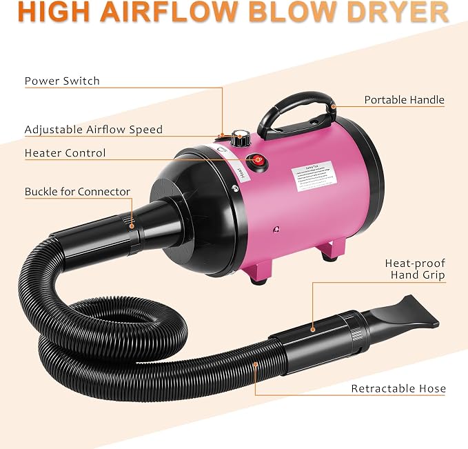 NESTROAD Dog Dryer for Pet Grooming,High Velocity 4.3HP/3200W Dog Blower Force Dryer with Stepless Adjustable Speed,Professional Pet Hair Drying with 4 Different Nozzles for Dogs Pets,Pink