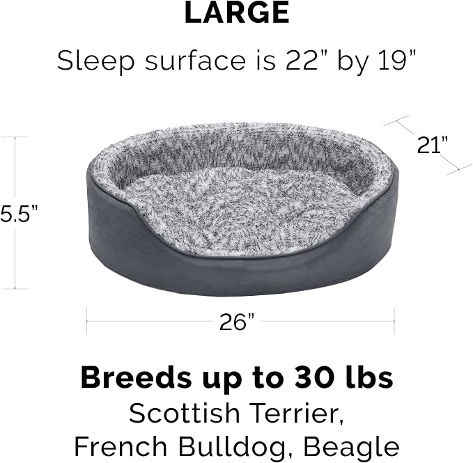 Furhaven Dog Bed for Large/Medium Dogs w/ Removable Washable Cover & Pillow Cushion Insert, For Dogs Up to 30 lbs - Two-Tone Faux Fur & Suede Oval Lounger - Gray, Large