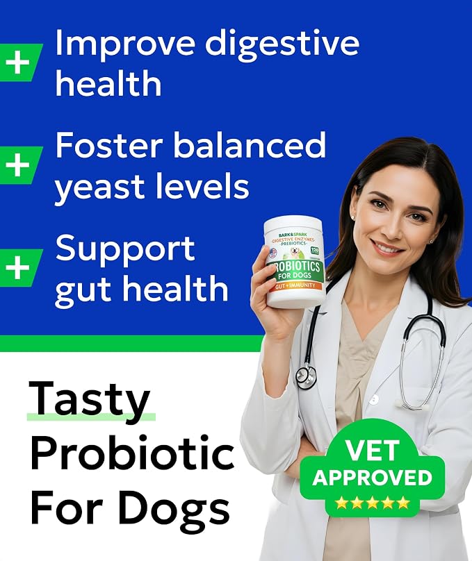 BARK&SPARK Dog Probiotics 180 Chews for Digestive Health w/Enzymes & Fiber - Diarrhea Gas Treatment Upset Stomach Relief - Allergy & Itchy Skin - Pet Probiotics for Dogs